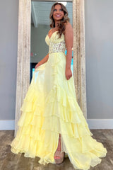 Cute Yellow A-Line Sweetheart Lace Top Chiffon Prom Dress With Ruffle Skirt