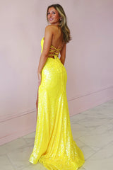 Cute Yellow Mermaid Sweetheart Long Sequin Prom Party Dress With 3D Flowers And Slit