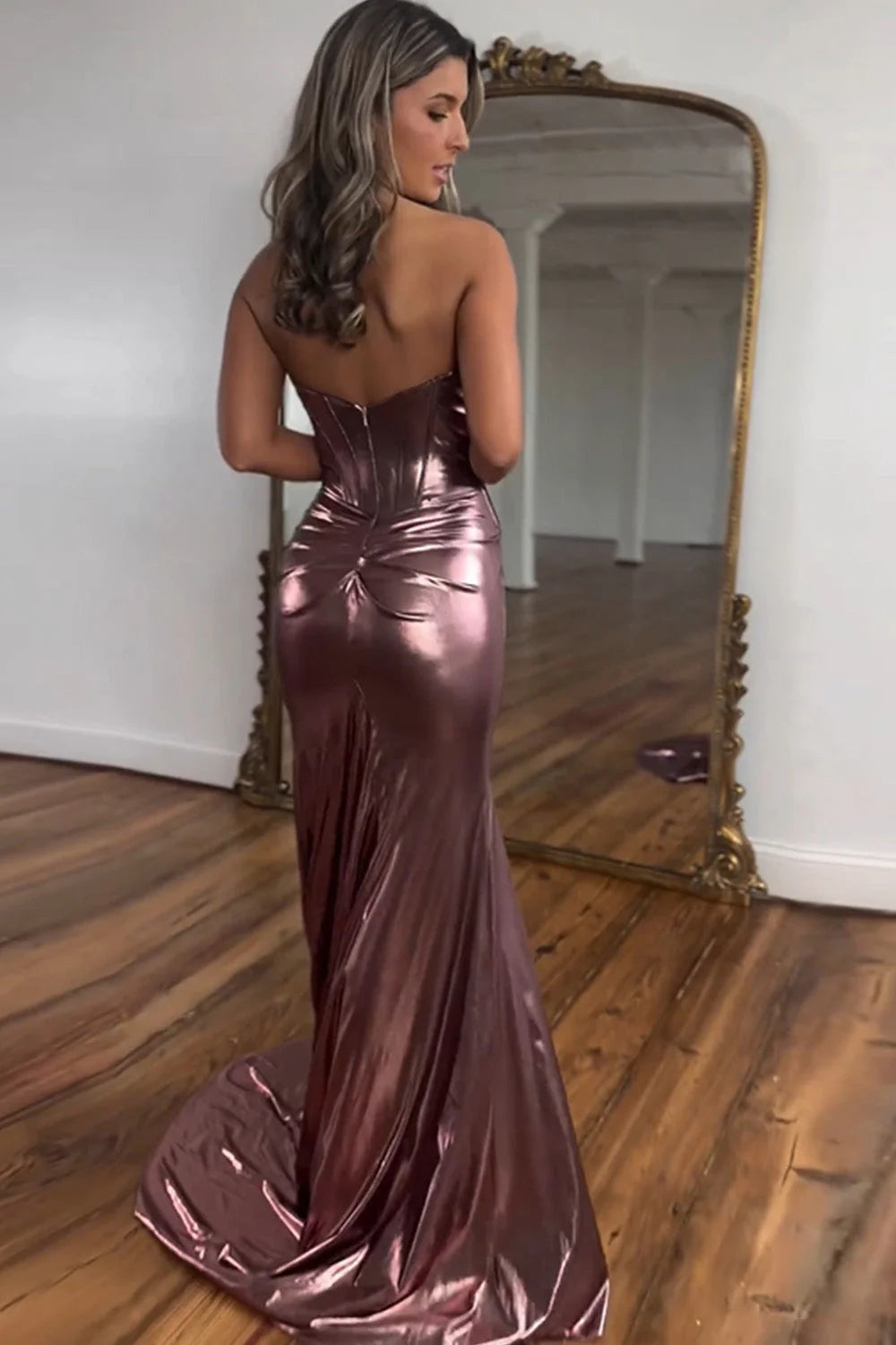 Dark Blue Sweetheart Mermaid Long Metallic Prom Dress With Leg Slit