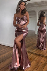 Dark Blue Sweetheart Mermaid Long Metallic Prom Dress With Leg Slit