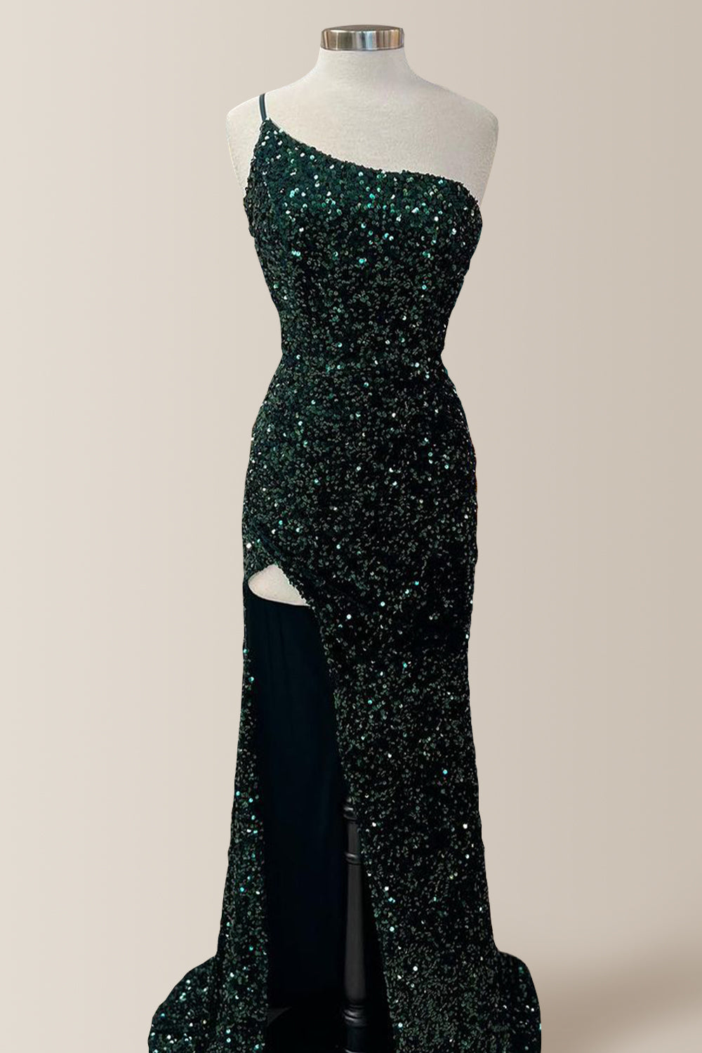 Dark Green Mermaid One Shoulder Long Sequin Prom Dress With Slit