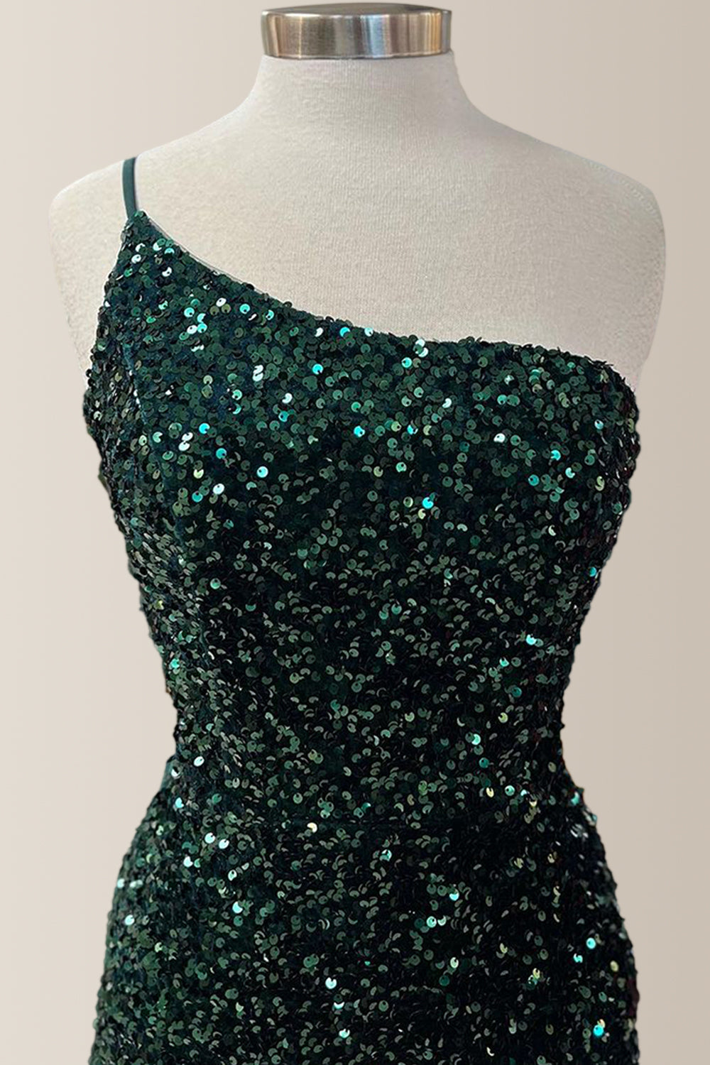 Dark Green Mermaid One Shoulder Long Sequin Prom Dress With Slit