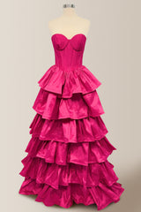 Elegant A-Line Sweetheart Hot Pink Long Tiered Satin Prom Dress