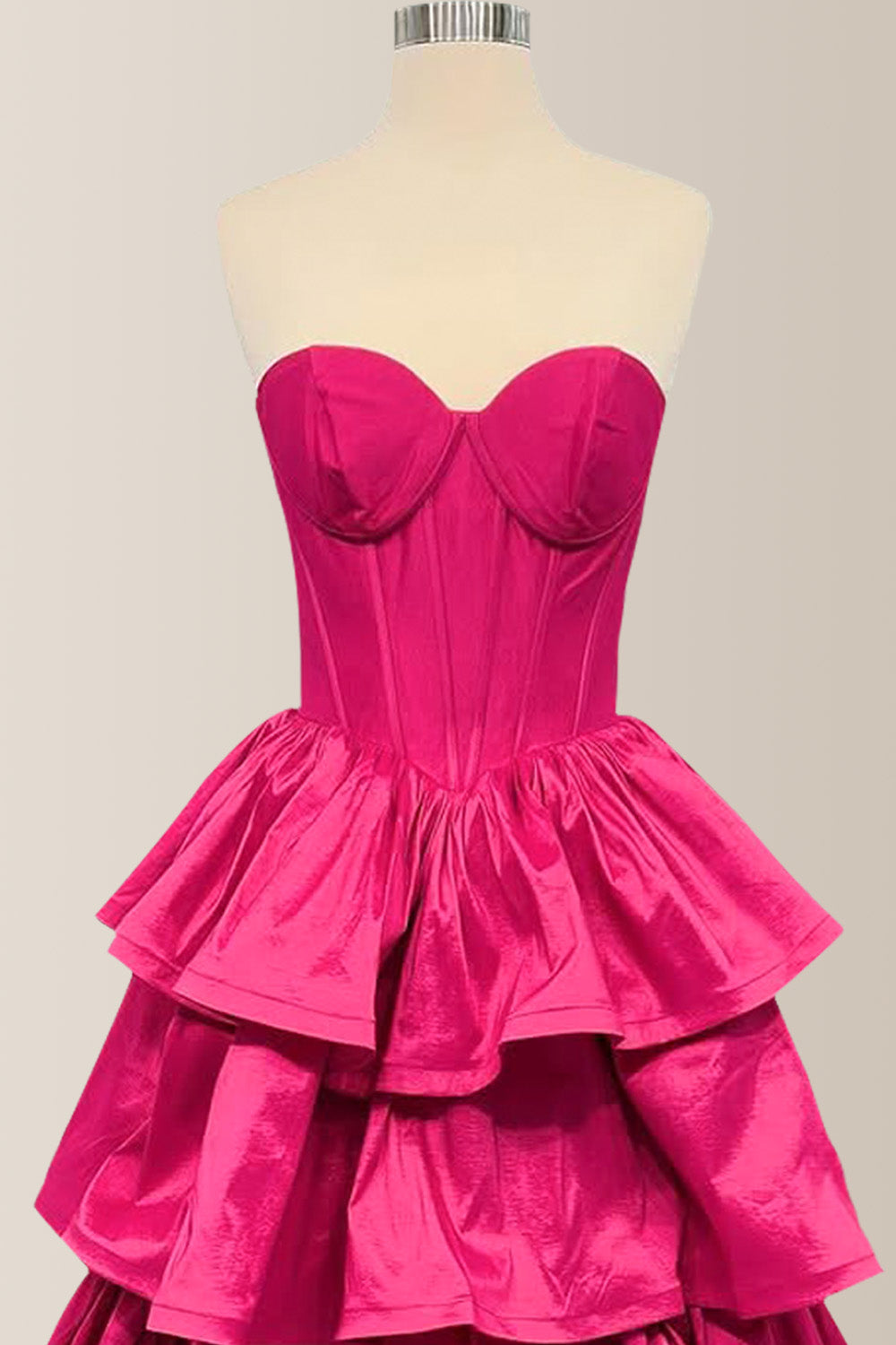 Elegant A-Line Sweetheart Hot Pink Long Tiered Satin Prom Dress