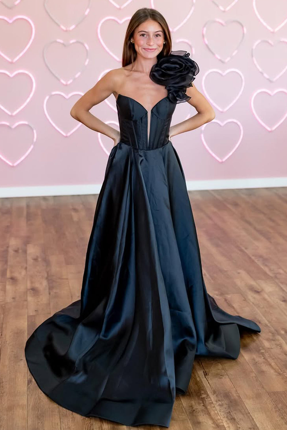 Elegant Black One Shoulder Long Satin A-Line Prom Dress With 3D Flower