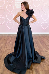 Elegant Black One Shoulder Long Satin A-Line Prom Dress With 3D Flower