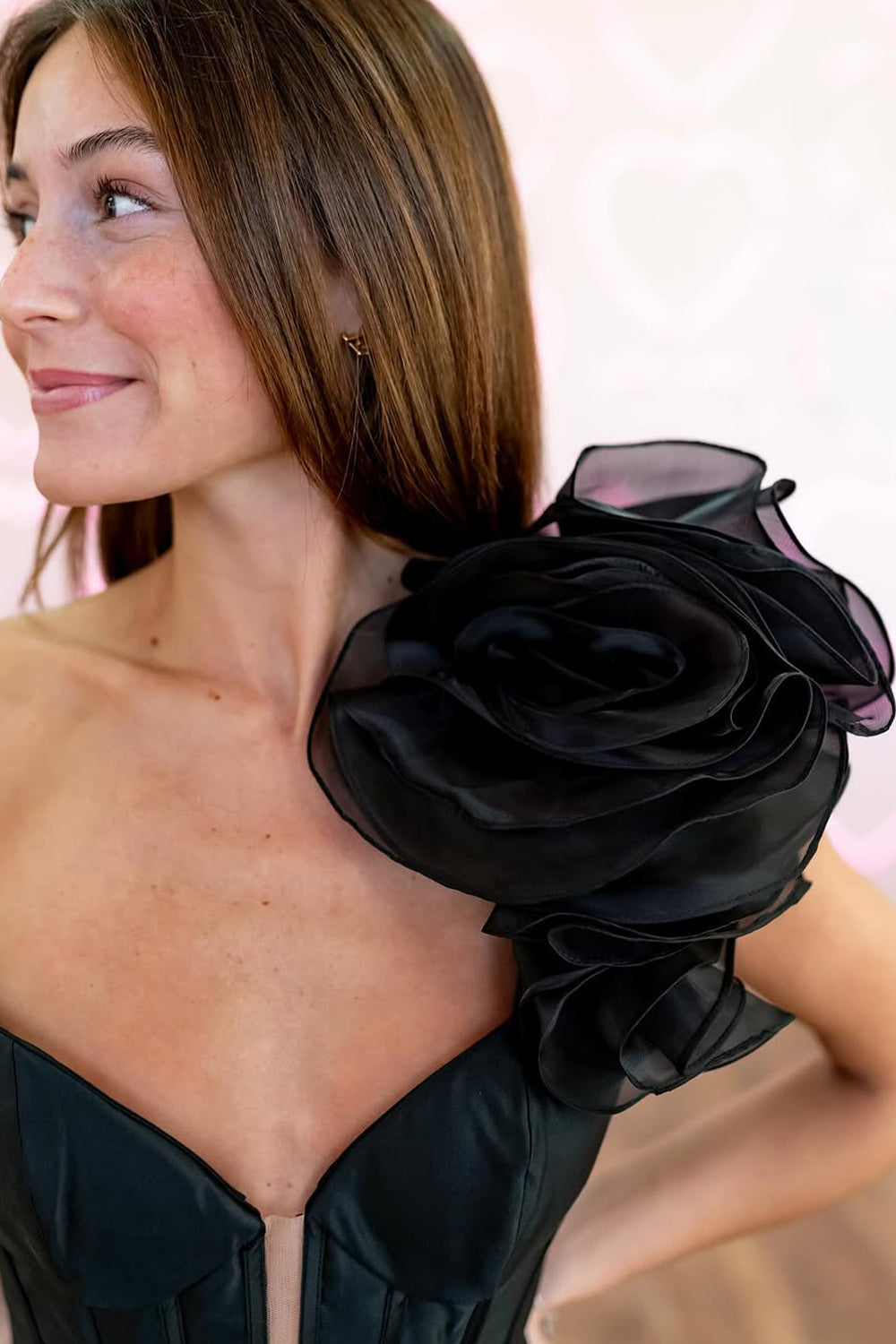 Elegant Black One Shoulder Long Satin A-Line Prom Dress With 3D Flower