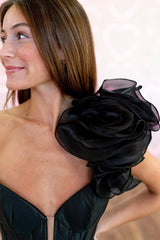 Elegant Black One Shoulder Long Satin A-Line Prom Dress With 3D Flower