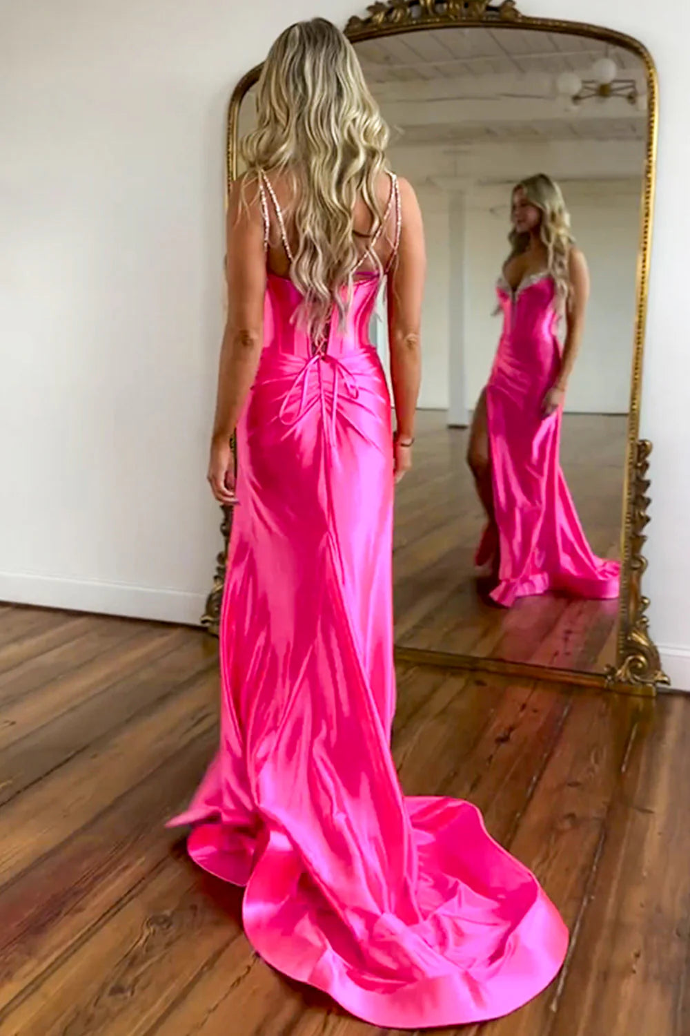 Elegant Hot Pink Mermaid Lace Up Long Satin Prom Dress with Beading