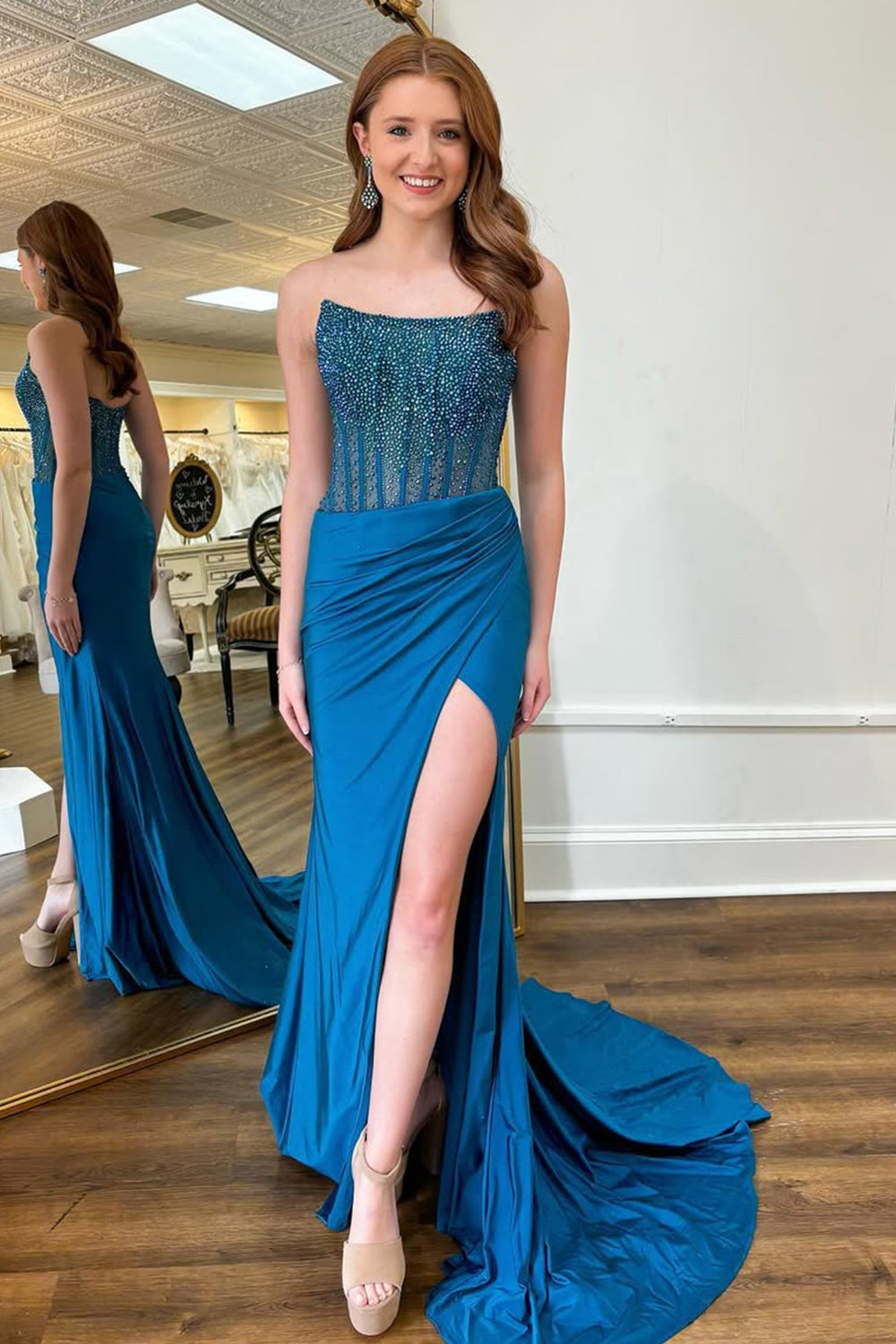 Elegant Dark Blue Strapless Glitter Top Long Satin Prom Dress With Slit