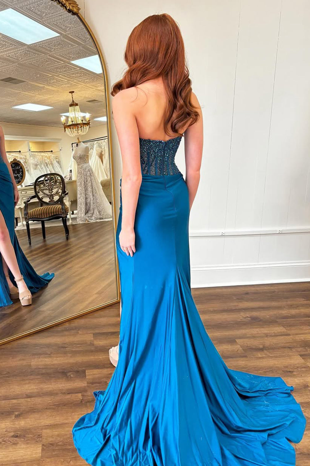 Elegant Dark Blue Strapless Glitter Top Long Satin Prom Dress With Slit