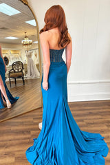 Elegant Dark Blue Strapless Glitter Top Long Satin Prom Dress With Slit