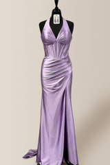 Elegant Mermaid Halter Neck Backless Long Satin Prom Dress with Slit