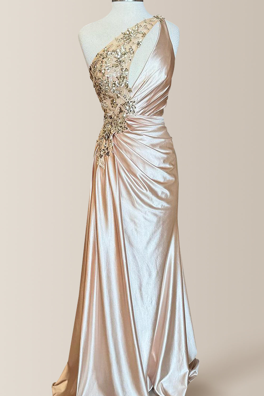 Elegant Mermaid One Shoulder Long Satin Formal Dress with Appliques