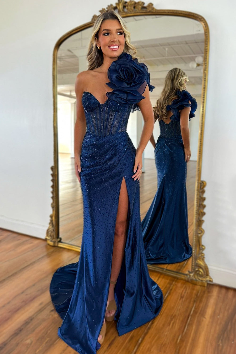 Elegant Navy One Shoulder Long Beaded Mermaid Prom Dress with 3D Flower