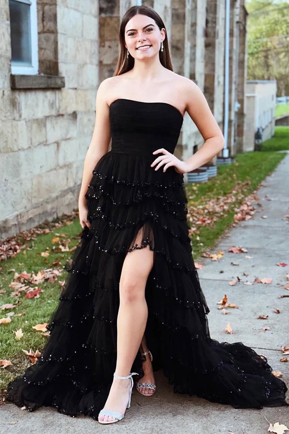 Glamorous A-Line Strapless Long Glitter Tulle Prom Dress With Ruffled Skirt