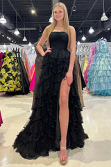 Glamorous A-Line Strapless Long Glitter Tulle Prom Dress With Ruffled Skirt