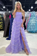 Glamorous A-Line Strapless Long Glitter Tulle Prom Dress With Ruffled Skirt