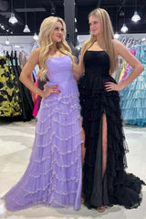 Glamorous A-Line Strapless Long Glitter Tulle Prom Dress With Ruffled Skirt