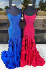 Glitter Beaded Spaghetti Straps Mermaid Long Prom Dress with Ruffle Skirt