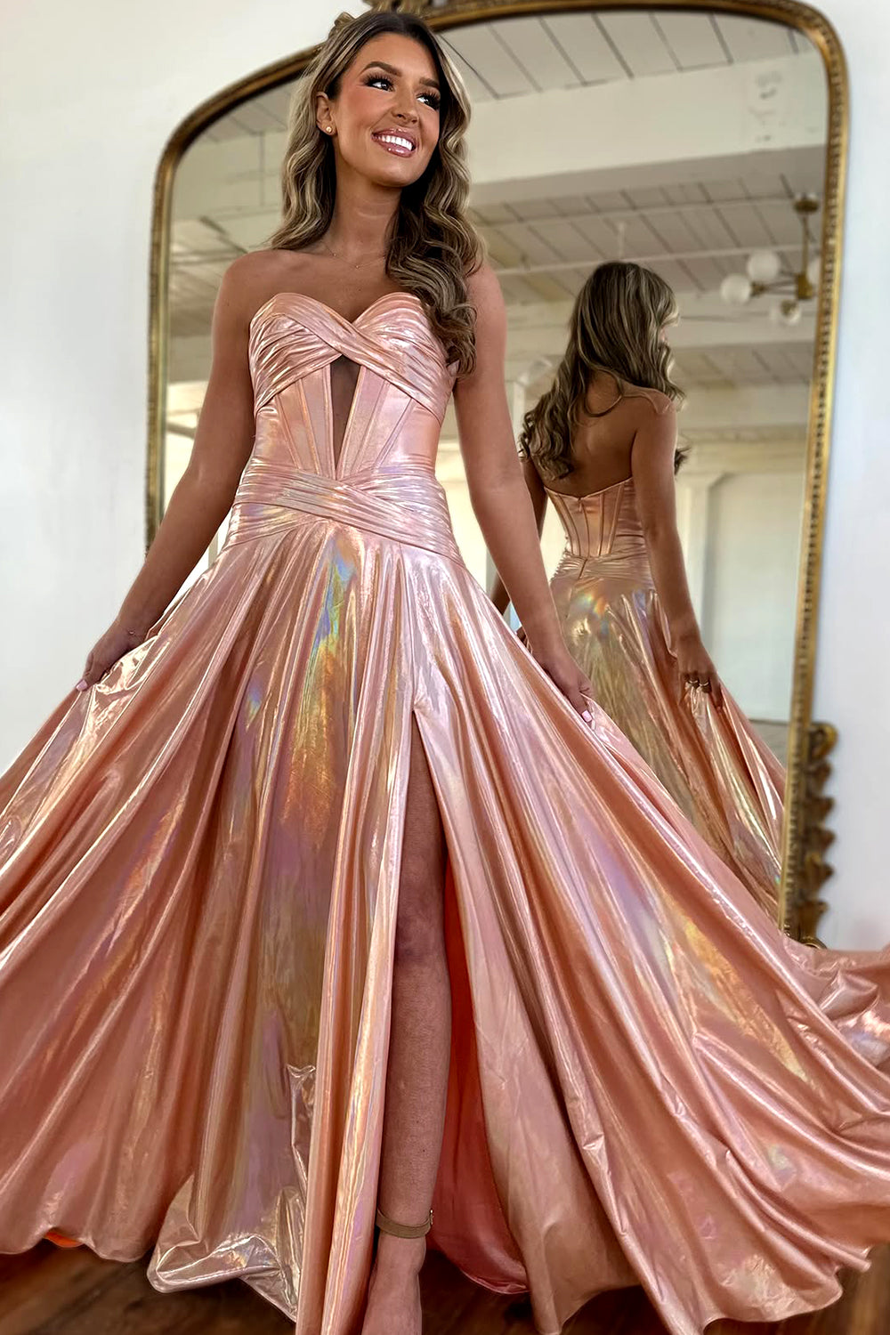 Glitter Pink A-Line Sweetheart Long Metallic Prom Dress With Leg Slit