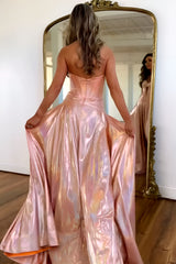 Glitter Pink A-Line Sweetheart Long Metallic Prom Dress With Leg Slit