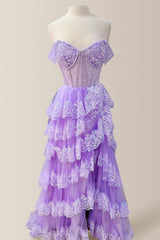 Glitter Purple A-Line Off The Shoulder Long Tulle Prom Dress with Appliques