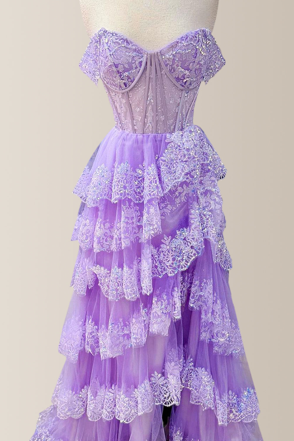 Glitter Purple A-Line Off The Shoulder Long Tulle Prom Dress with Appliques