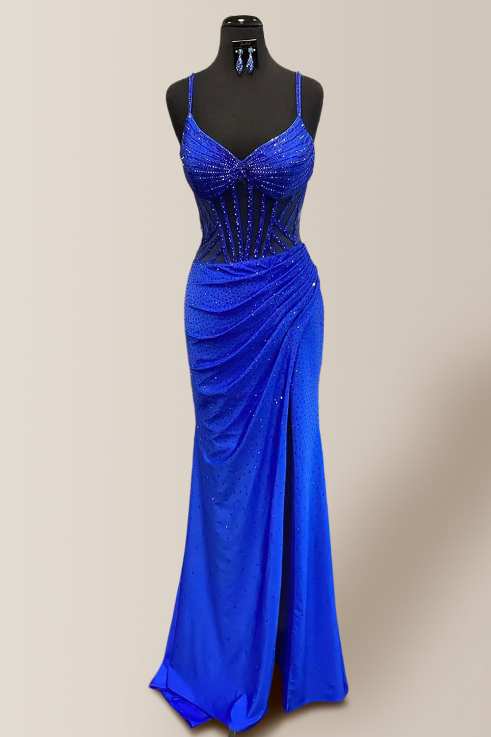 Glitter Royal Blue Mermaid Spaghetti Straps Long Beaded Prom Dress