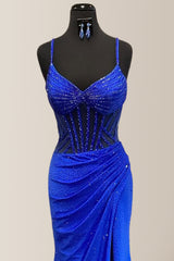 Glitter Royal Blue Mermaid Spaghetti Straps Long Beaded Prom Dress