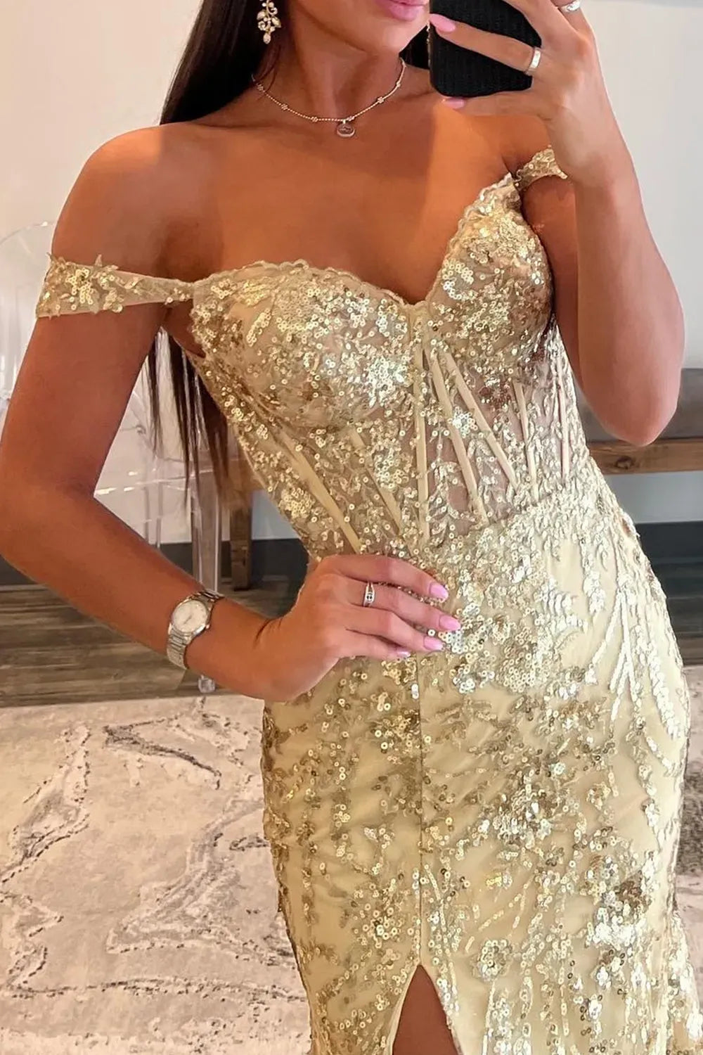 Golden Sparkly Off The Shoulder Mermaid Long Prom Dress With Slit And Sequined Appliques