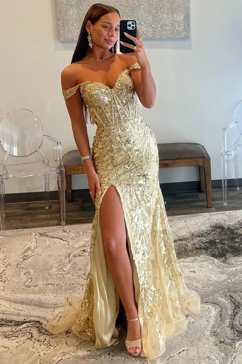 Golden Sparkly Off The Shoulder Mermaid Long Prom Dress With Slit And Sequined Appliques