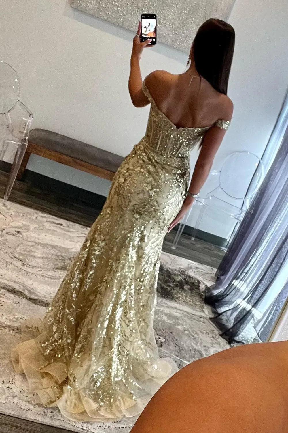 Golden Sparkly Off The Shoulder Mermaid Long Prom Dress With Slit And Sequined Appliques