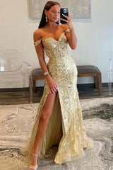 Golden Sparkly Off The Shoulder Mermaid Long Prom Dress With Slit And Sequined Appliques