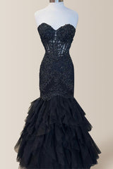 Gorgeous Black Mermaid Sweetheart Long Ruffle Prom Dress with Appliques