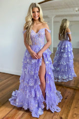 Gorgeous Glitter A-Line Off The Shoulder Long Tiered Sequin Prom Dress With Slit