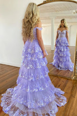 Gorgeous Glitter A-Line Off The Shoulder Long Tiered Sequin Prom Dress With Slit