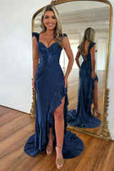 Gorgeous Navy Lace Up Mermaid Beading Prom Dress with Front Leg Slit