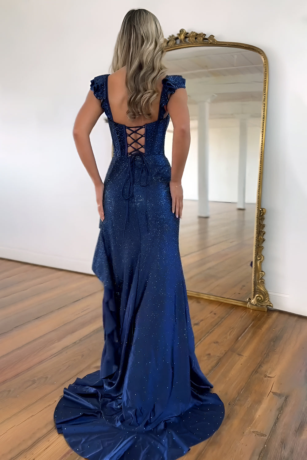 Gorgeous Navy Lace Up Mermaid Beading Prom Dress with Front Leg Slit