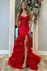 Gorgeous Red Mermaid Strapless Long Tiered Sequin and Satin Prom Dress