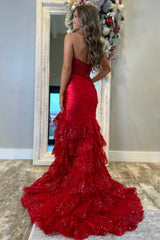 Gorgeous Red Mermaid Strapless Long Tiered Sequin and Satin Prom Dress