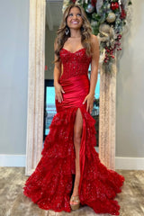 Gorgeous Red Mermaid Strapless Long Tiered Sequin and Satin Prom Dress