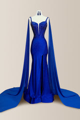 Gorgeous Royal Blue Mermaid Long Beaded Prom Dress with Shoulder Ribbons