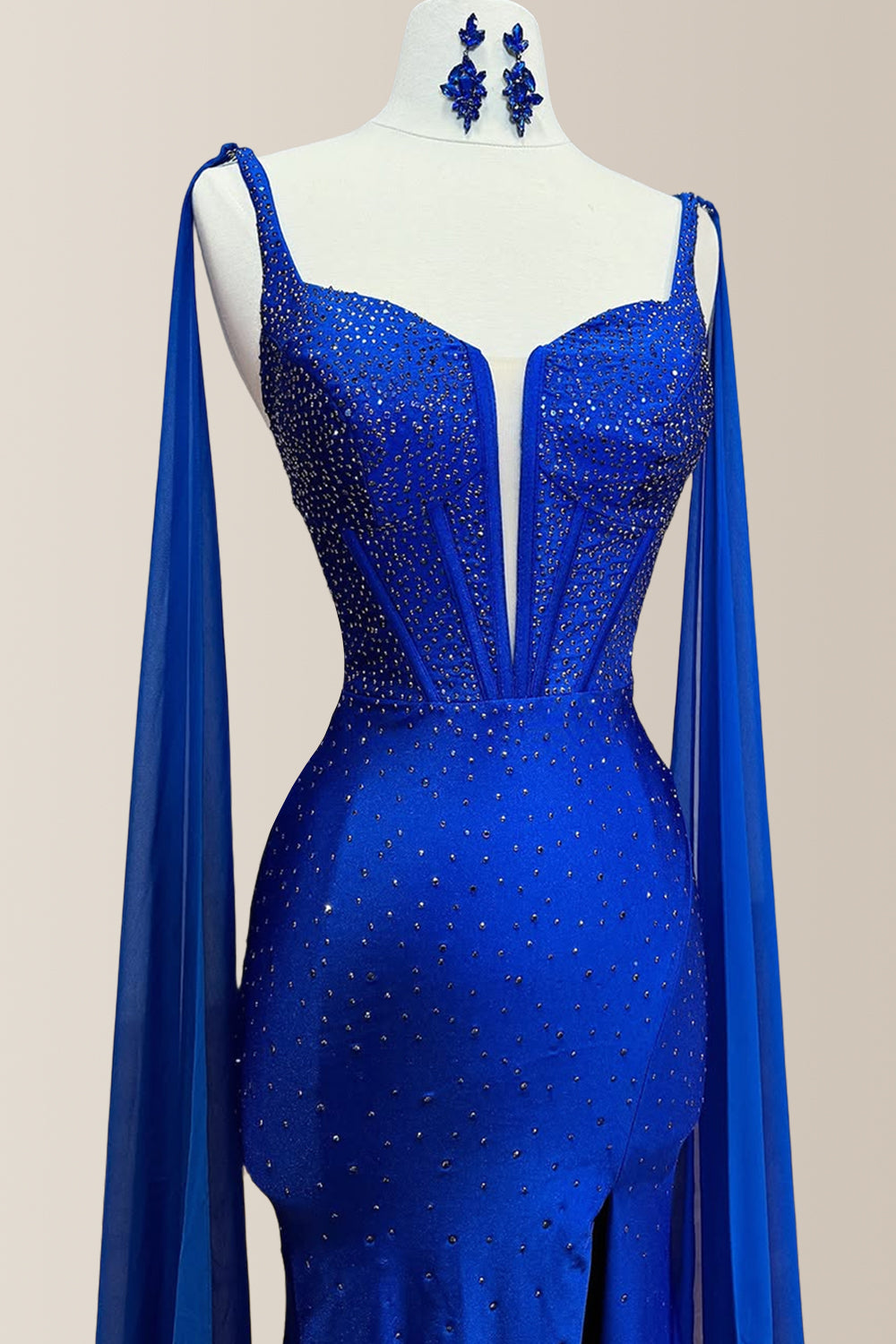 Gorgeous Royal Blue Mermaid Long Beaded Prom Dress with Shoulder Ribbons