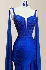 Gorgeous Royal Blue Mermaid Long Beaded Prom Dress with Shoulder Ribbons