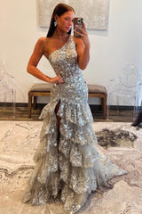 Gorgeous Sparkly One Shoulder Long Grey Sequin Prom Dress with Ruffle Skirt