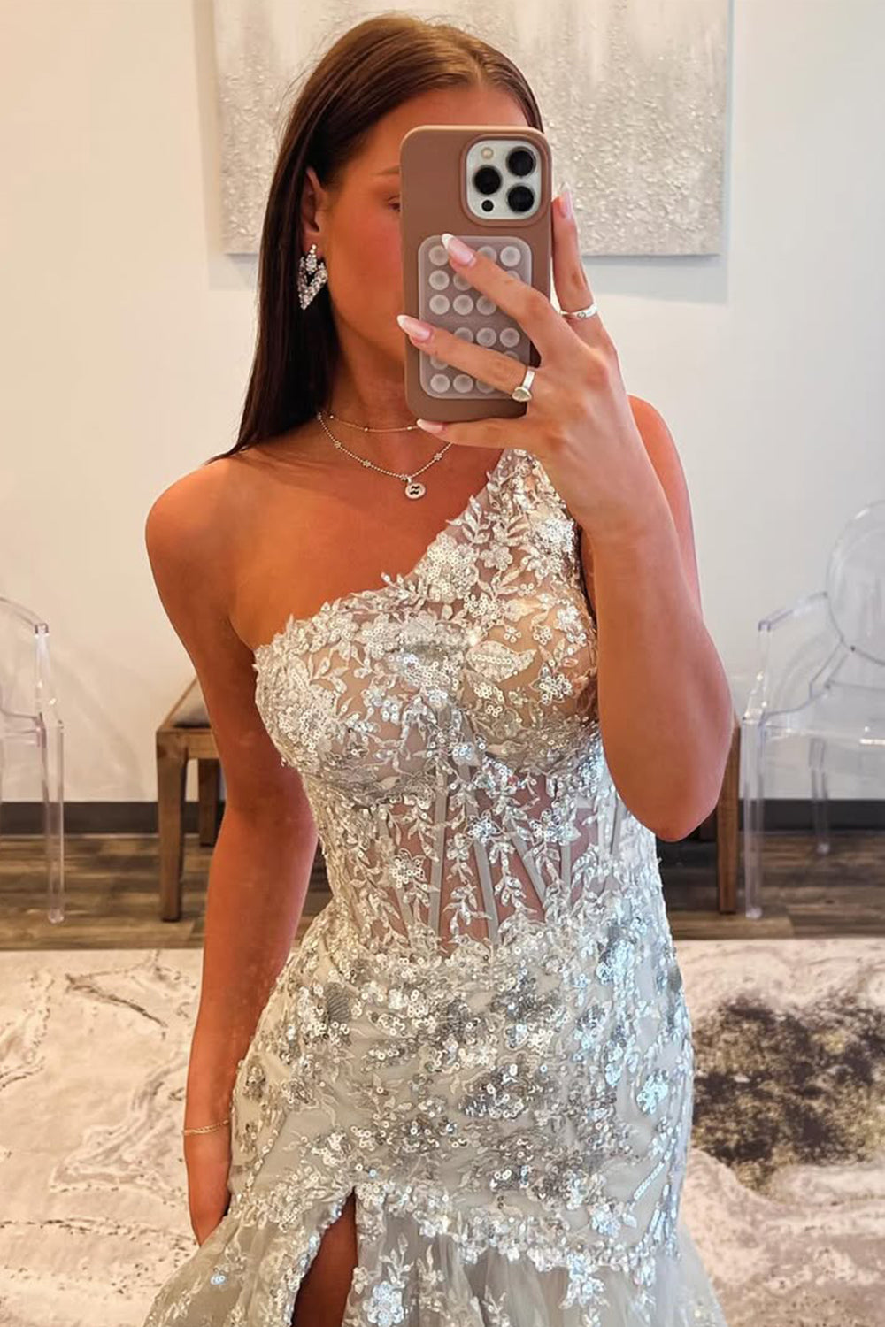 Gorgeous Sparkly One Shoulder Long Grey Sequin Prom Dress with Ruffle Skirt