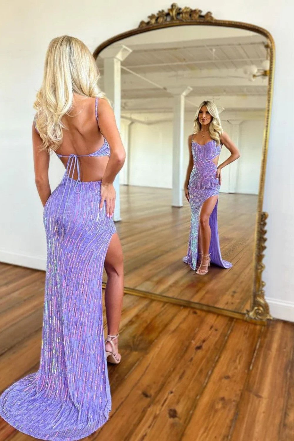 Gorgeous Sparkly Open Back Long Sequin Prom Party Dress