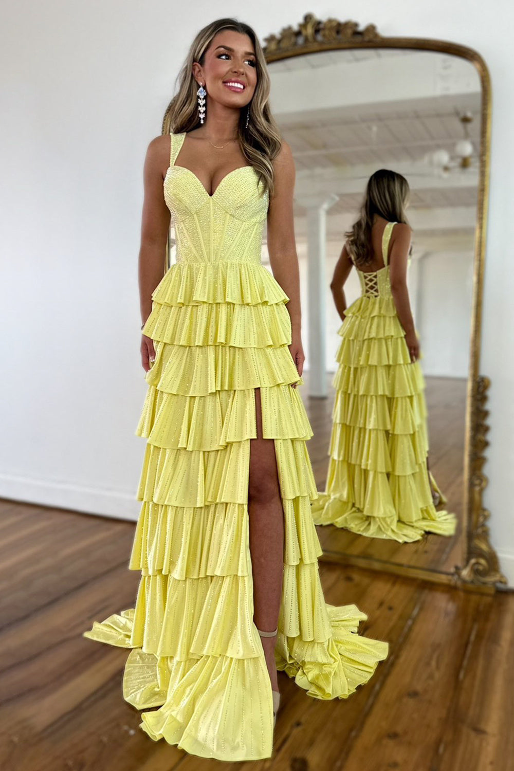 Gorgeous Sparkly Yellow A-Line Lace Up Tiered Prom Dress with Leg Slit