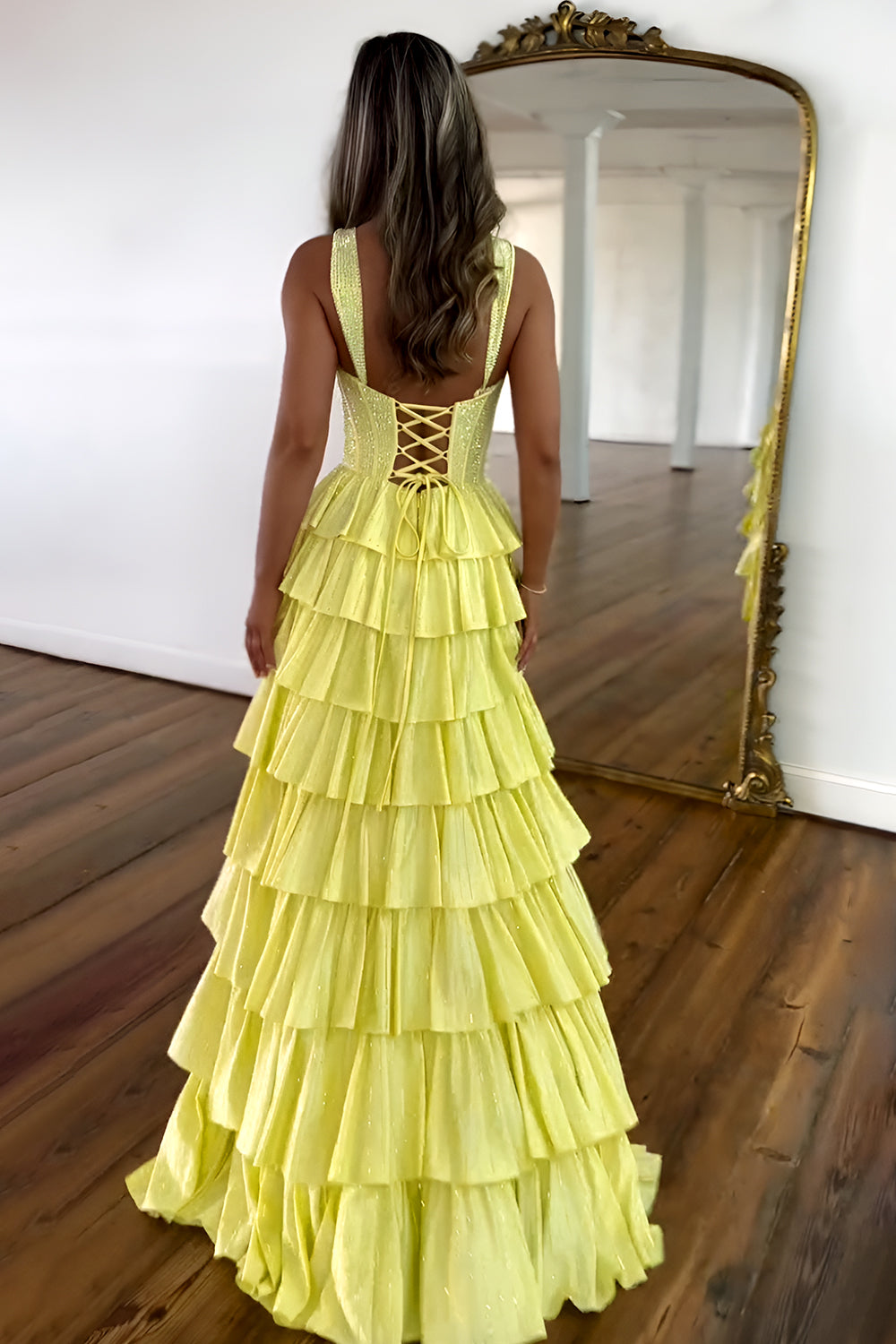 Gorgeous Sparkly Yellow A-Line Lace Up Tiered Prom Dress with Leg Slit